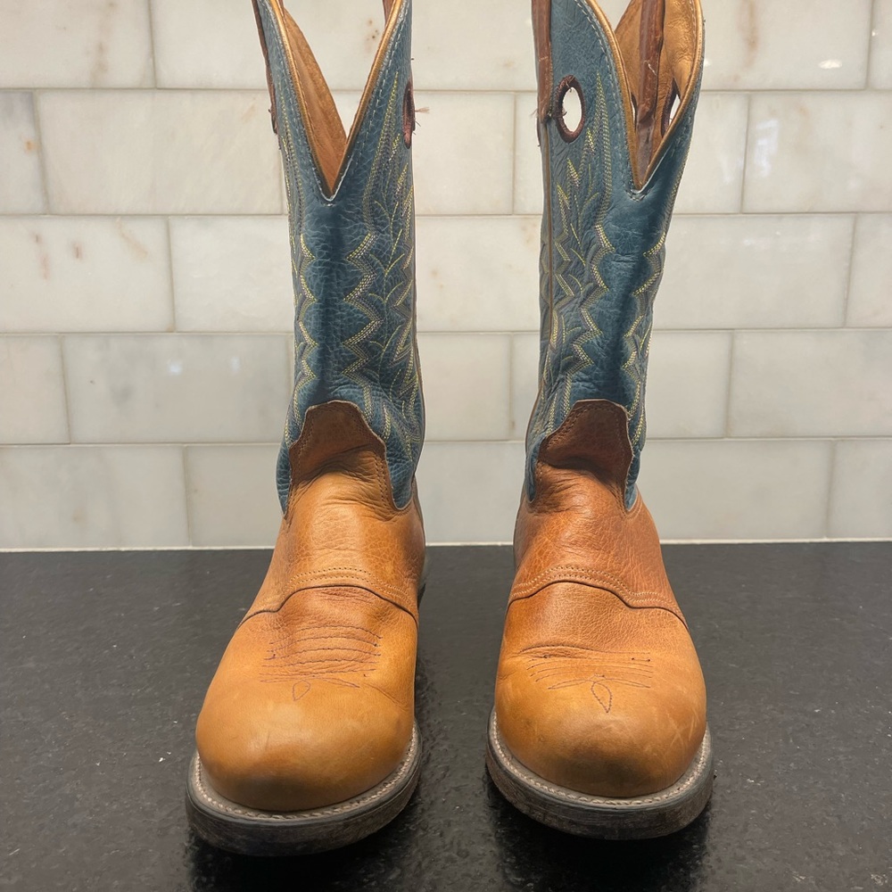 Double H Tan, Brown and teal Leather Cowboy Boots - Picture 2 of 9